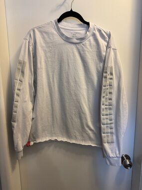 Long Sleeve Women's White Tee with Quilted Sleeve Detail